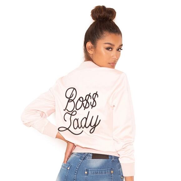 Mistress Rocks Boss Lady Pink Satin Bomber Jacket Size Small - Picture 1 of 14